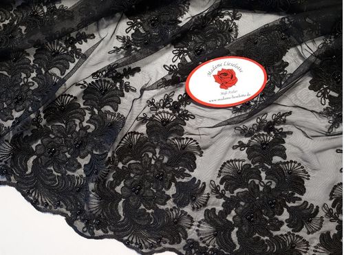 Netzspitze schwarz florales Motiv mit Perlenstickerei