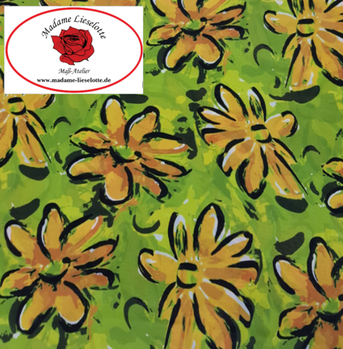 Viscose-Seide "gelbe Blumen" Ital. Designerstoff kiwi-gelb (1stk = 0,5m)